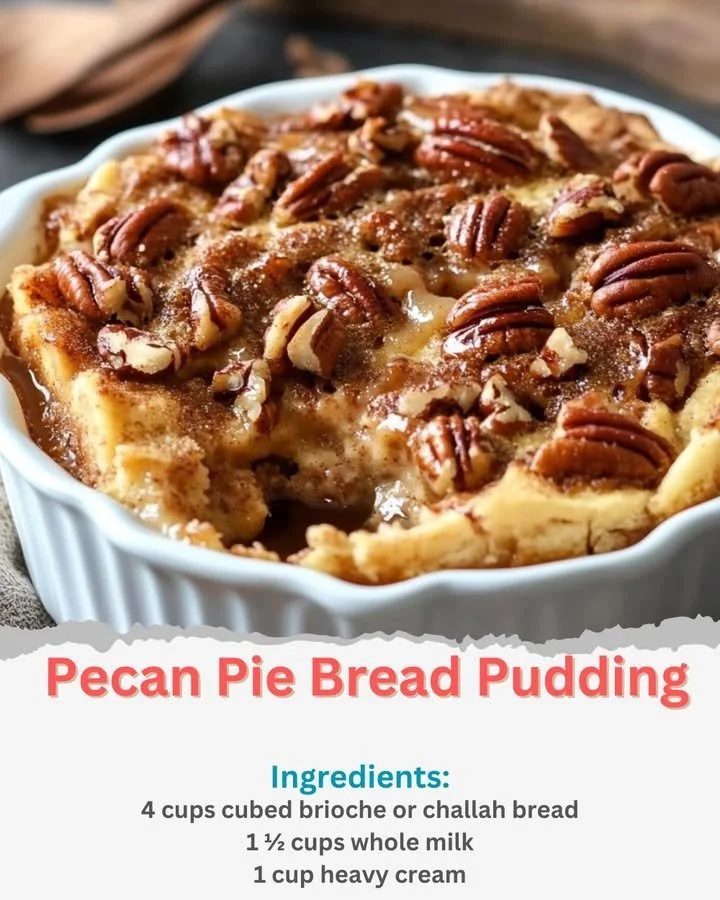 Delicious pecan pie bread pudding served in a rustic dish.