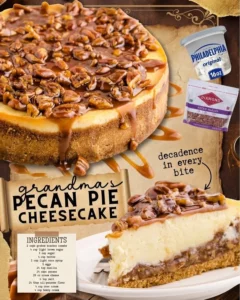 Delicious homemade pecan pie cheesecake topped with caramel and pecans