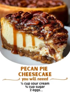 Delicious pecan pie cheesecake with a creamy top layer and pecans on the crust.