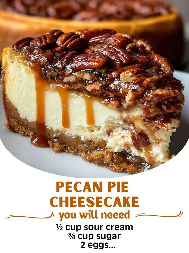 Delicious pecan pie cheesecake with a creamy top layer and pecans on the crust.