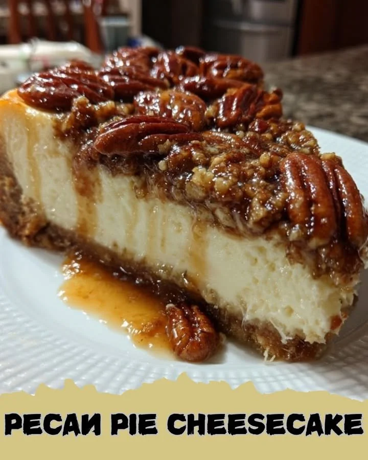 Delicious pecan pie cheesecake topped with caramel and pecans