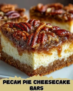 Delicious Pecan Pie Cheesecake Bars with creamy filling and crunchy pecan topping