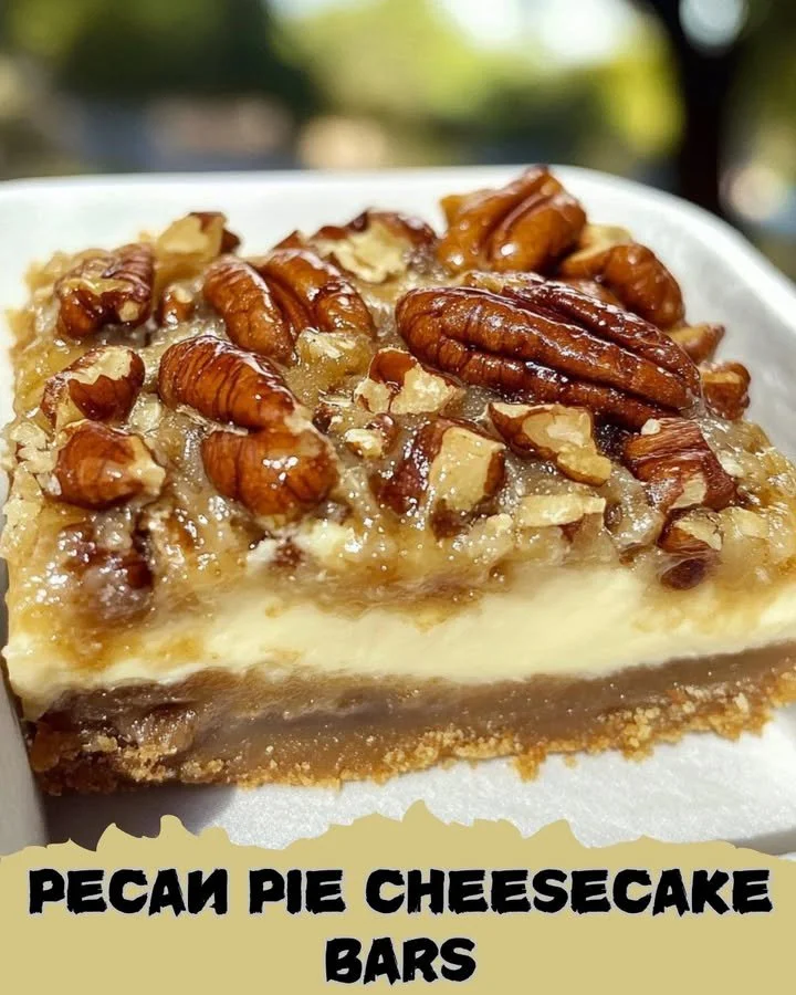Delicious Pecan Pie Cheesecake Bars topped with caramel and pecans