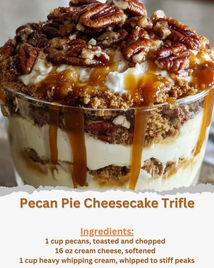 Delicious Pecan Pie Cheesecake Trifle served in a glass dish