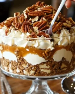 Delicious Pecan Pie Cheesecake Trifle with layers of pecan pie and cheesecake.