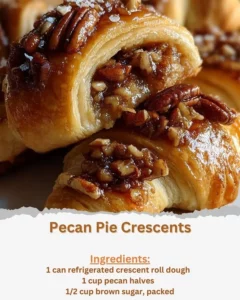Pecan Pie Crescents on a plate garnished with pecans and caramel drizzle.