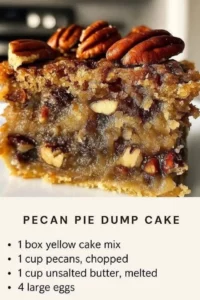 Pecan Pie Dump Cake topped with pecans and caramel sauce