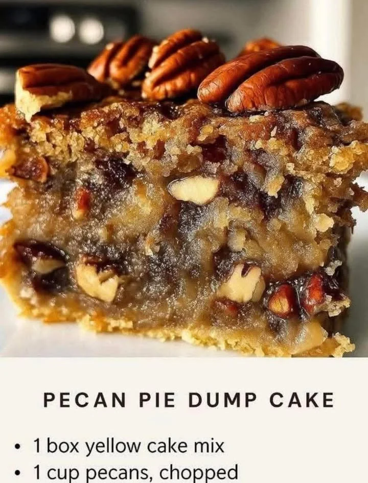 Delicious pecan pie dump cake topped with nuts and served on a plate.