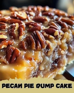 Pecan pie dump cake with nuts and caramel topping served in a dish.