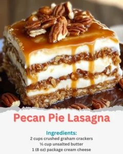 Layered Pecan Pie Lasagna dessert with creamy filling and pecans on top