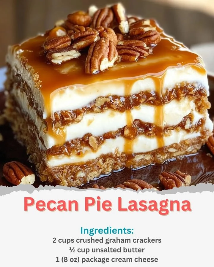 Layered Pecan Pie Lasagna dessert with creamy filling and pecans on top