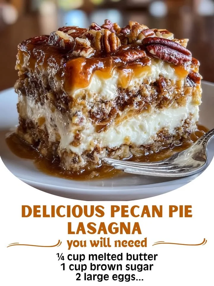 Delicious pecan pie lasagna dessert with layers of cream and nuts