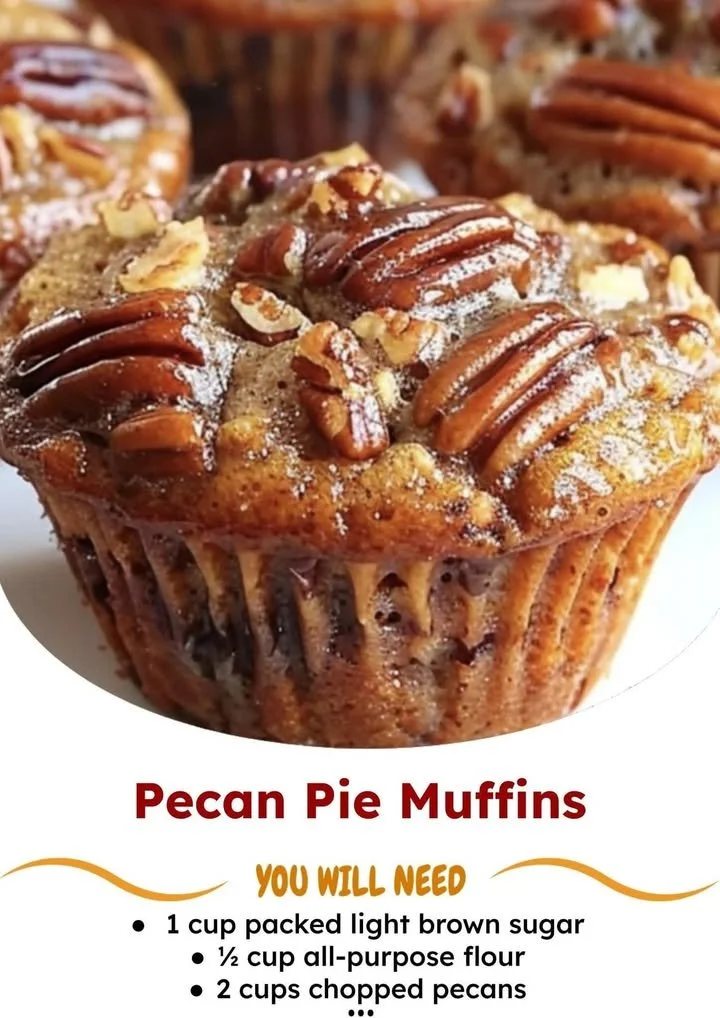 Delicious pecan pie muffins displayed on a white plate with pecans on top.