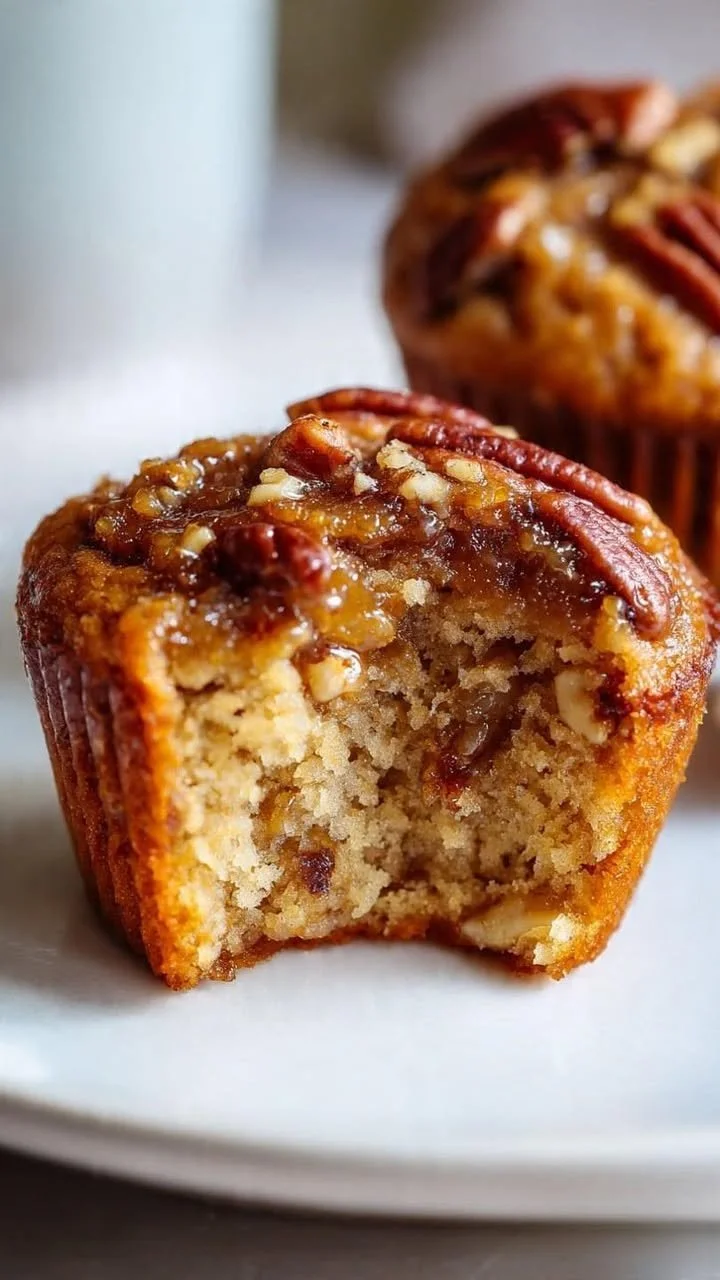 Pecan pie muffins fresh out of the oven, served with a drizzle of caramel.