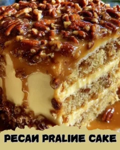 Delicious pecan praline cake with caramelized pecans and creamy frosting