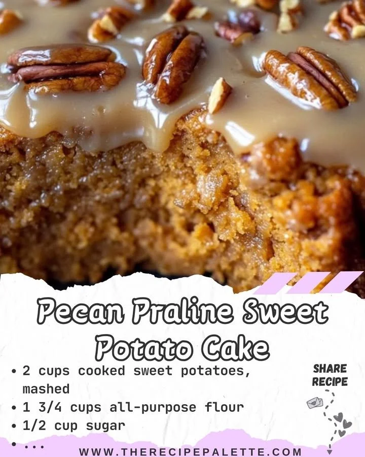 Delicious pecan praline sweet potato cake topped with rich pecan praline icing.