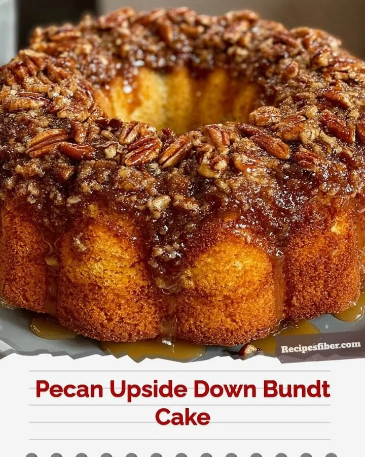 Delicious Pecan Upside Down Bundt Cake topped with chopped pecans