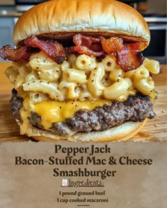 Pepper Jack Bacon-Stuffed Mac & Cheese Smashburger ready to be served