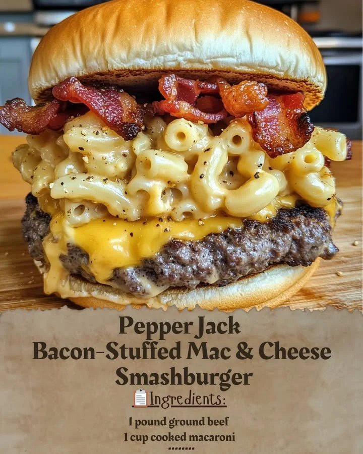 Pepper Jack Bacon-Stuffed Mac & Cheese Smashburger ready to be served