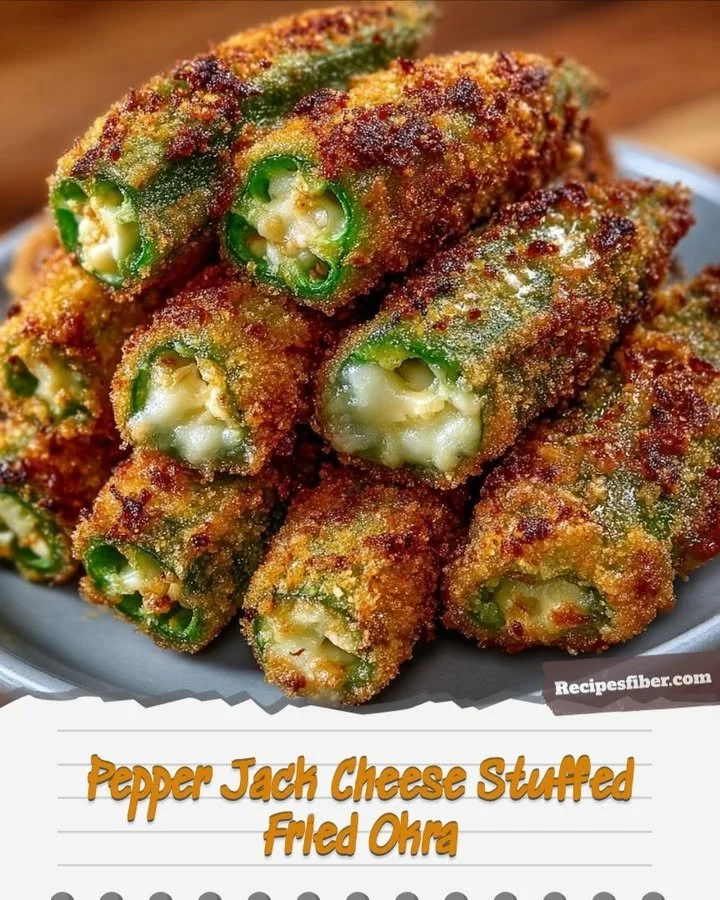 Crispy fried okra filled with pepper jack cheese, a delicious appetizer.