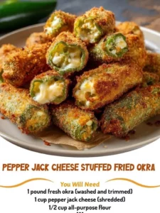 Pepper Jack Cheese Stuffed Fried Okra on a plate, ready to serve as an appetizer