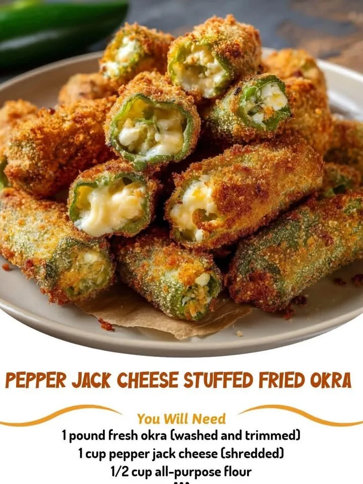 Pepper Jack Cheese Stuffed Fried Okra on a plate, ready to serve as an appetizer