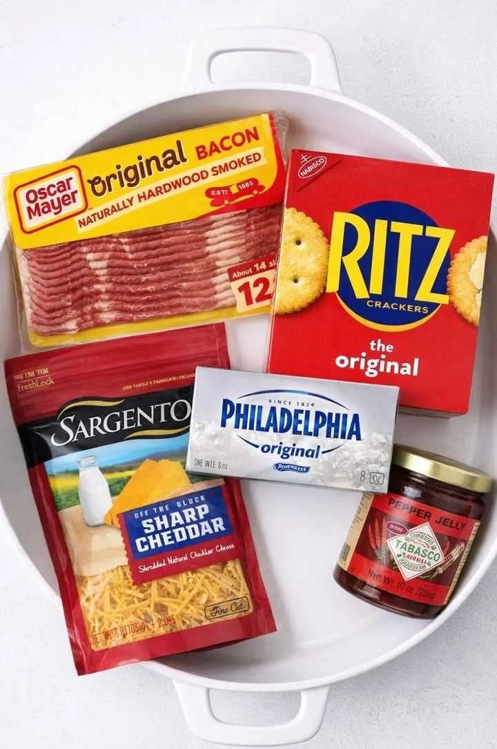 Creamy pepper jelly cheese dip served in a bowl with crackers for dipping.