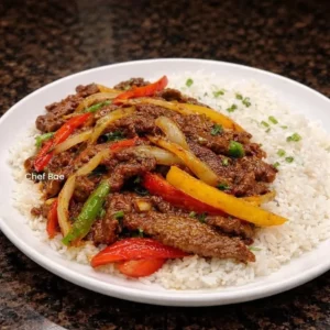 Plate of pepper steak over rice garnished with fresh vegetables