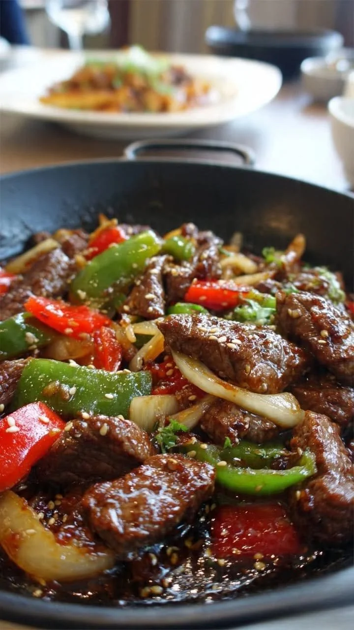 Delicious pepper steak stir fry with beef and colorful vegetables