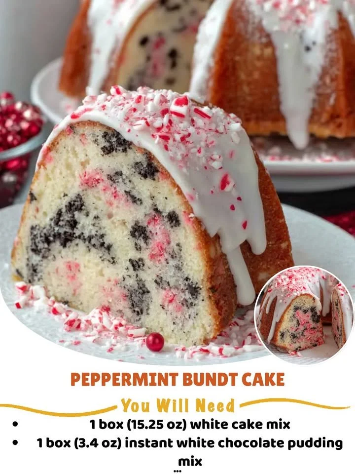 Peppermint bundt cake with white chocolate glaze on a festive table