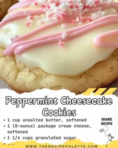 Delicious peppermint cheesecake cookies topped with candy cane sprinkles