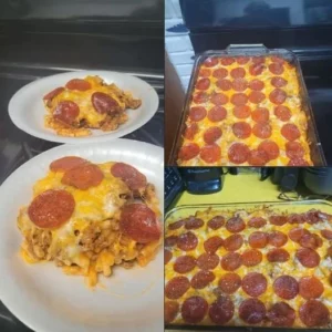 Delicious Pepperoni Bake fresh out of the oven, topped with melted cheese and pepperoni slices.