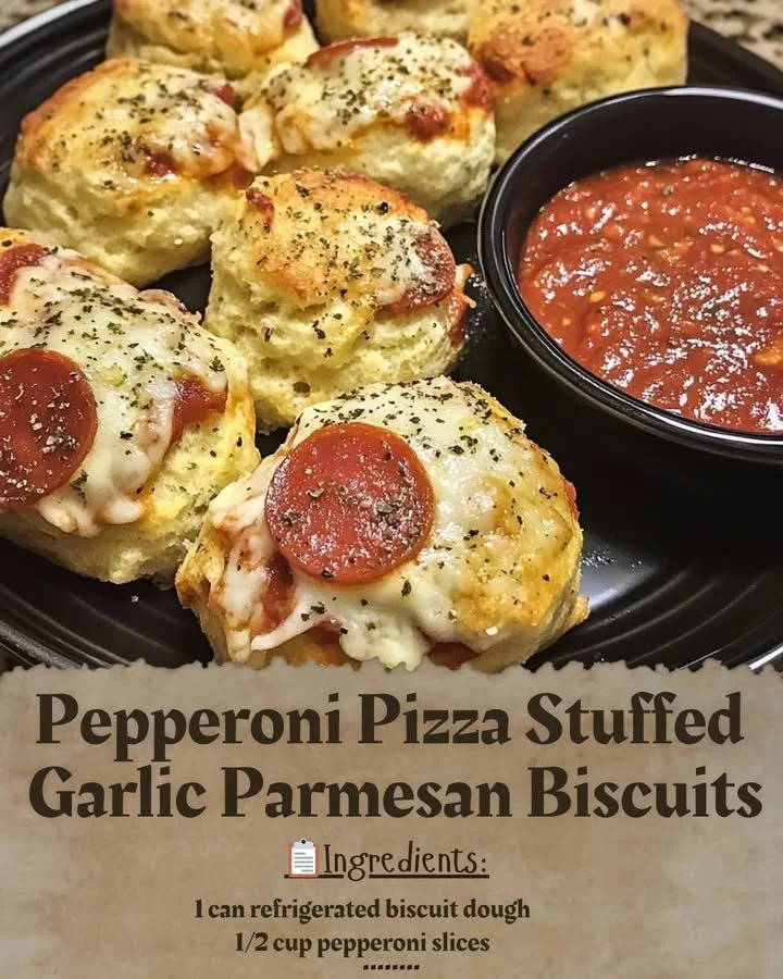 Pepperoni pizza stuffed garlic parmesan biscuits on a rustic wooden table