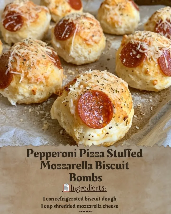 Pepperoni pizza stuffed mozzarella biscuit bombs fresh out of the oven