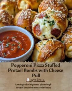 Pepperoni pizza stuffed pretzel bombs with cheese pull on a serving plate