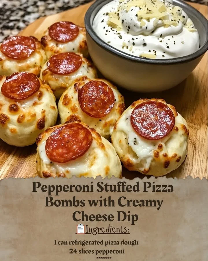 Pepperoni stuffed pizza bombs served with a creamy cheese dip