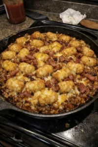 Peppery Smoky Bacon Cheeseburger Skillet Bake served in a skillet