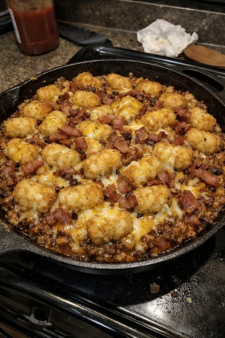 Peppery Smoky Bacon Cheeseburger Skillet Bake served in a skillet