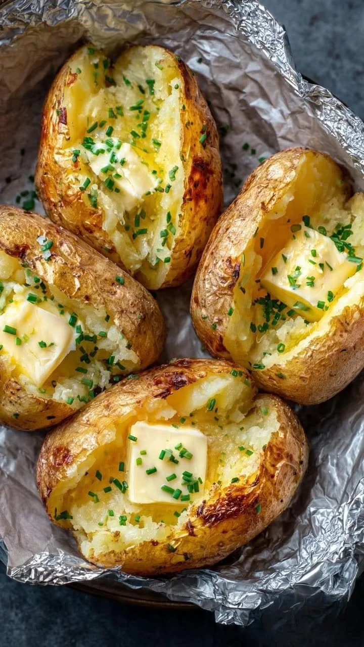 Deliciously fluffy perfect baked potato with toppings ready to serve.