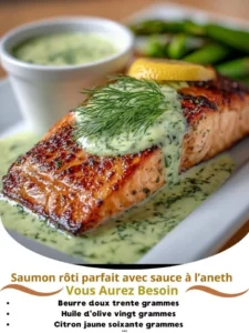 Perfectly roasted salmon fillet served with a creamy dill sauce