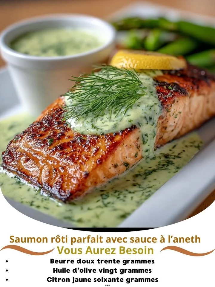Perfectly roasted salmon fillet served with a creamy dill sauce