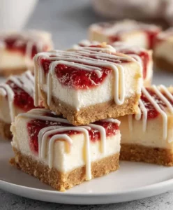 Delicious Philadelphia cheesecake bars topped with fresh strawberries.