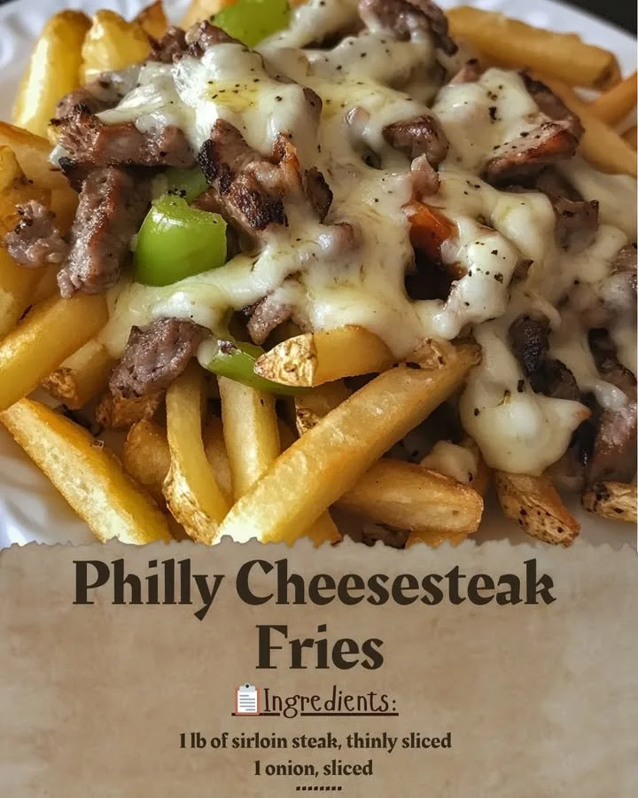 Plate of Philadelphia cheesesteak fries topped with melted cheese and beef