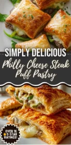 Philly cheese steak puff pastries fresh out of the oven, golden and flaky.