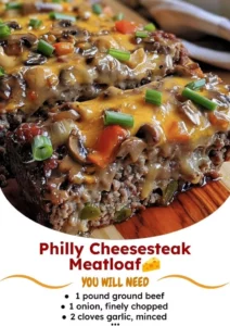 Delicious Philly Cheesesteak Meatloaf with melted cheese and sautéed peppers