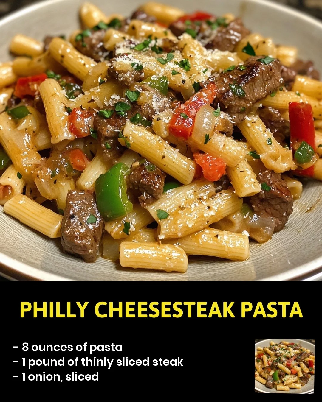 Philly Cheesesteak Pasta with melted cheese and beef on a plate