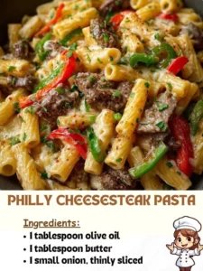 Delicious Philly Cheesesteak Pasta with cheese, peppers, and onions
