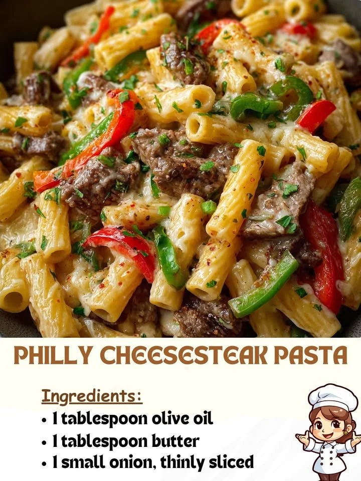 Delicious Philly Cheesesteak Pasta with cheese, peppers, and onions