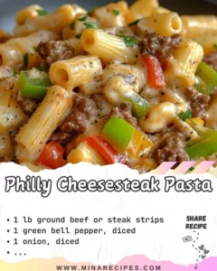 Delicious Philly Cheesesteak Pasta with melted cheese and sautéed vegetables