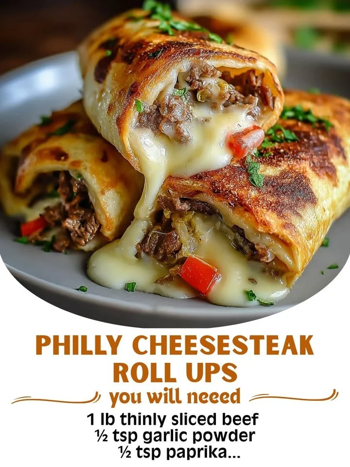 Philly cheesesteak roll ups with melted cheese and tender steak slices